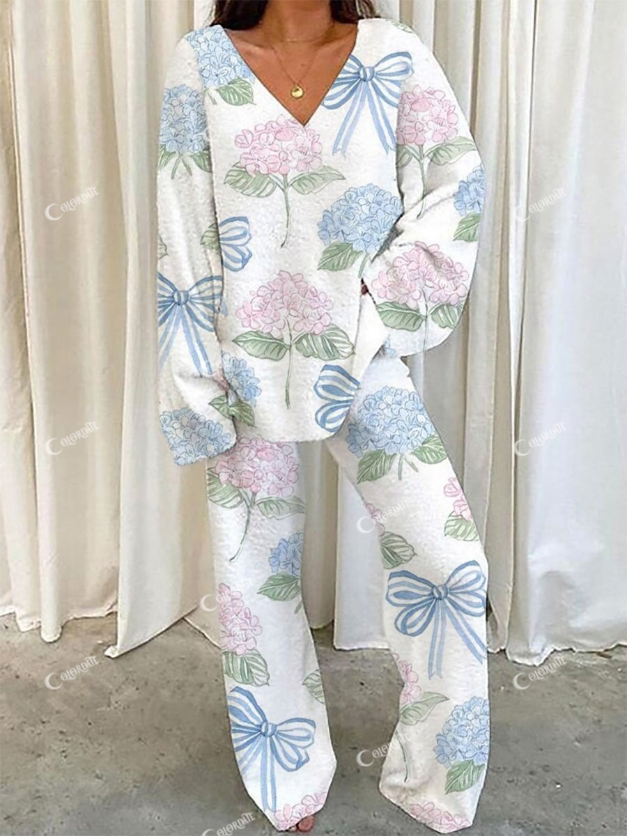 Women's Blue Bow Pink Hydrangea Light Cotton Pajama Set