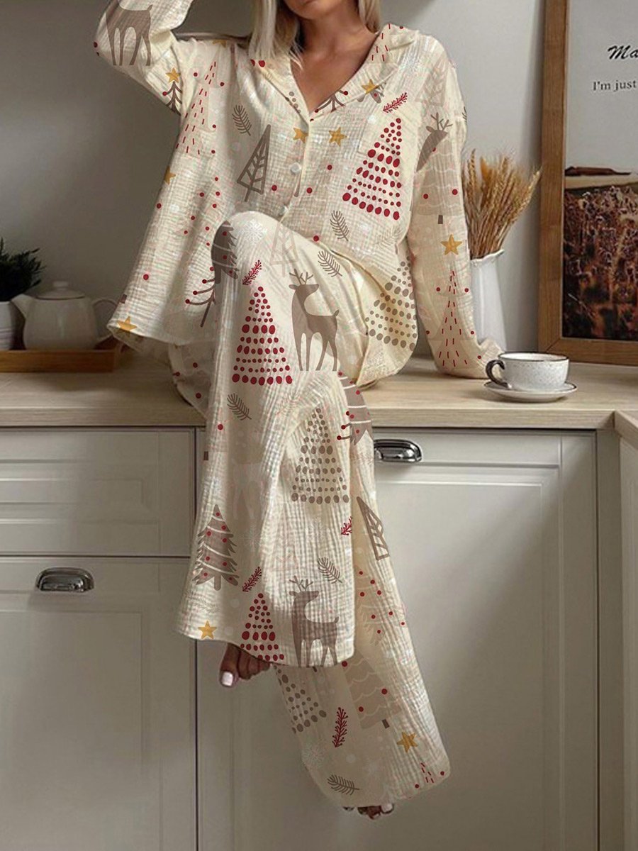 Women's Christmas Creative Simple Pattern Long Sleeve Pants Suit