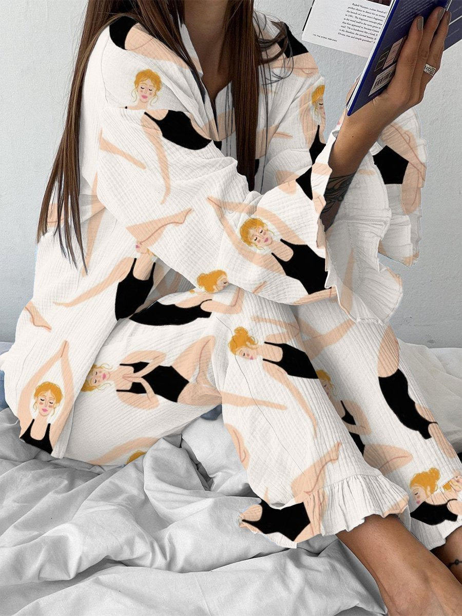 Yoga Portrait Printed Ruffle Pajamas