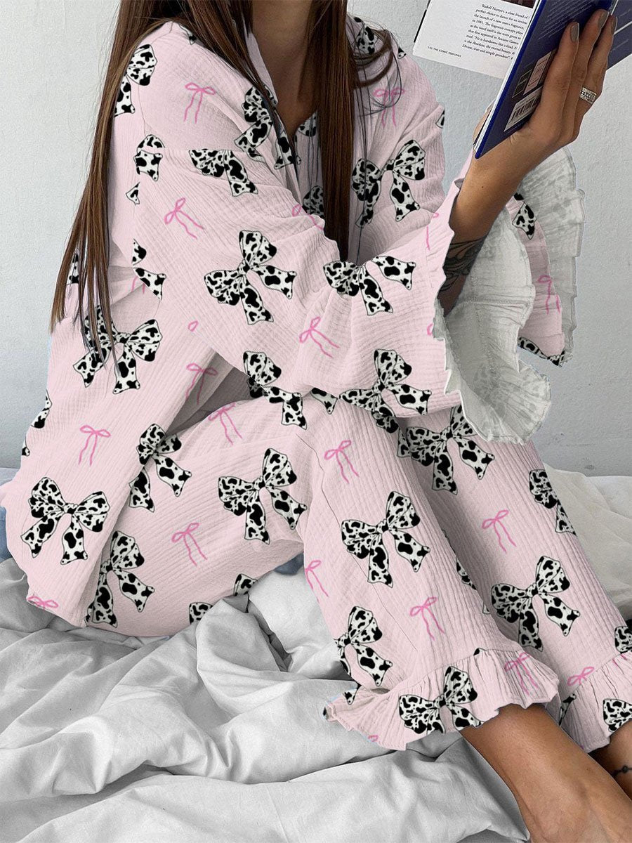Women's Bow Cow Spot Pattern Ruffled Long Sleeve Pants Set
