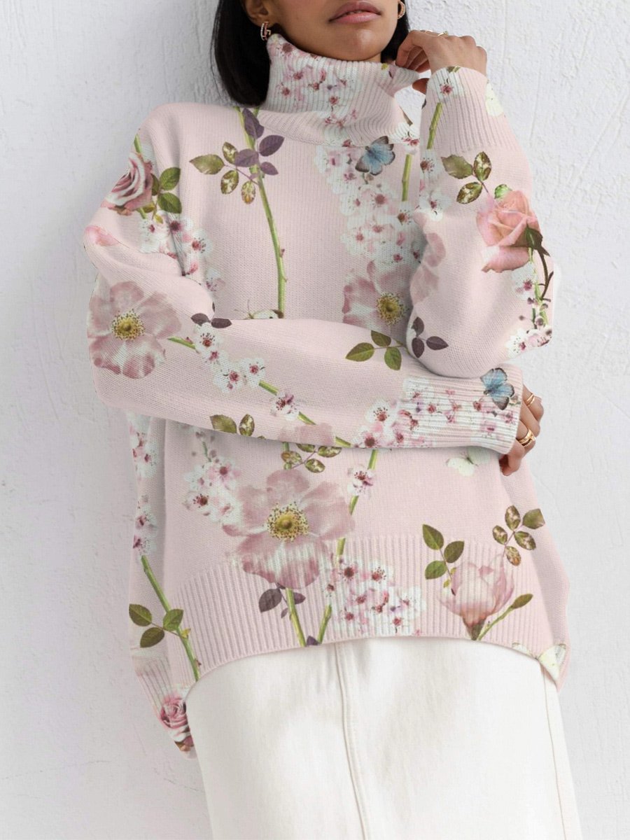 Women's Art Floral Print Lounge Turtleneck Sweater