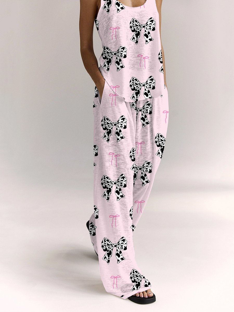 Women's Cow Bow Short Sleeve Pants Suit
