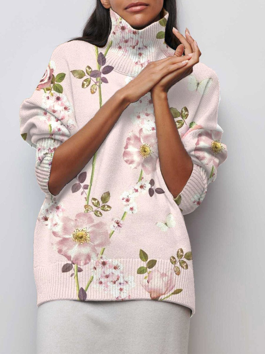 Women's Art Floral Print Lounge Turtleneck Sweater