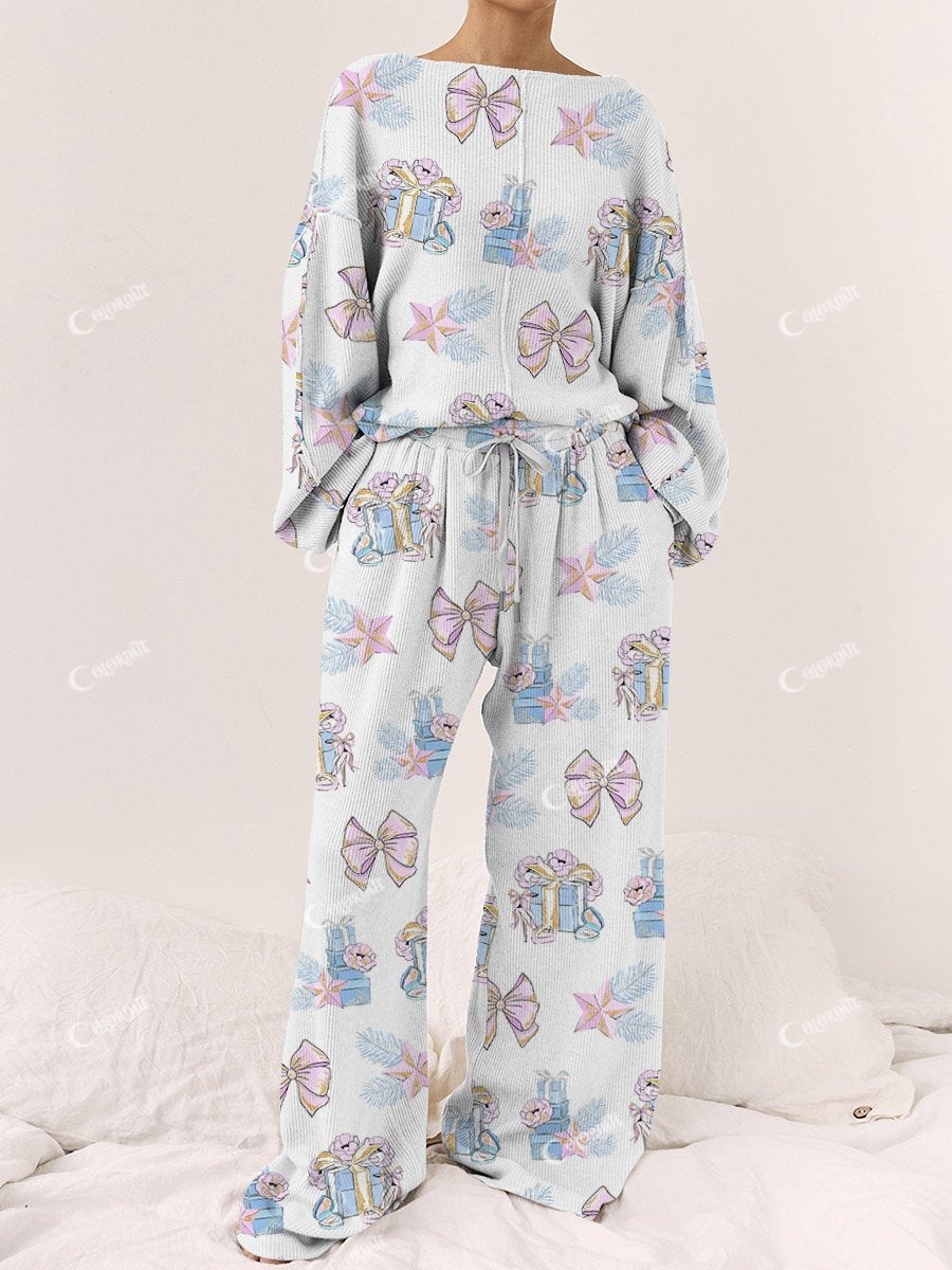 Women's Christmas Gift Bow Printed Casual Linen Cotton Suit