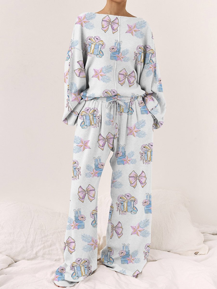 Women's Christmas Gift Bow Printed Casual Linen Cotton Suit