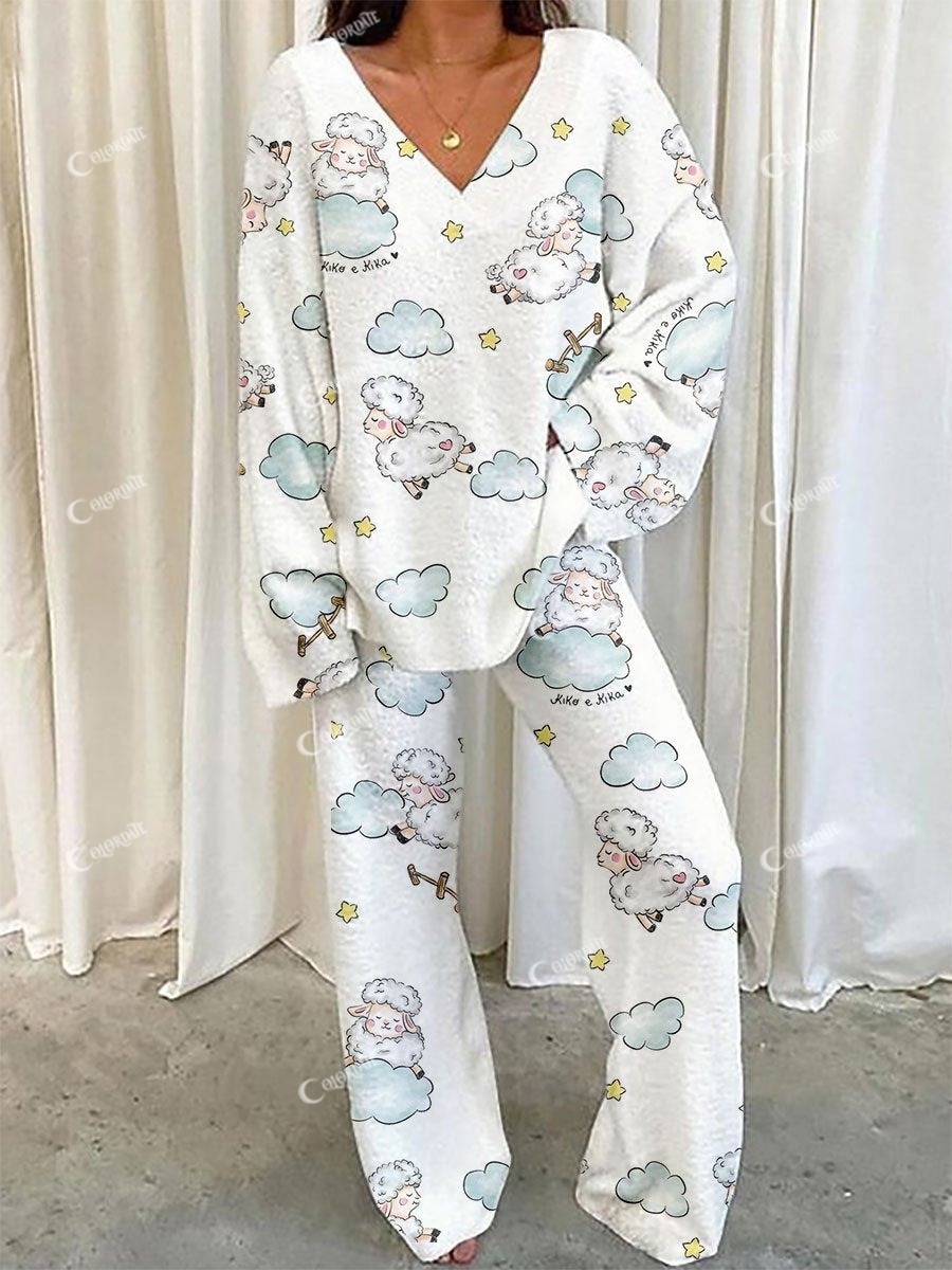 Women's Cloud Lamb Pattern V-Neck Long Sleeve Pants Set