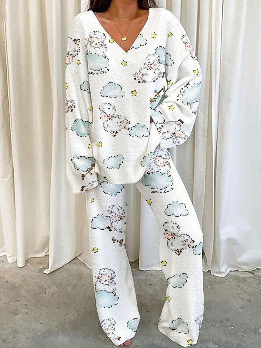 Women's Cloud Lamb Pattern V-Neck Long Sleeve Pants Set