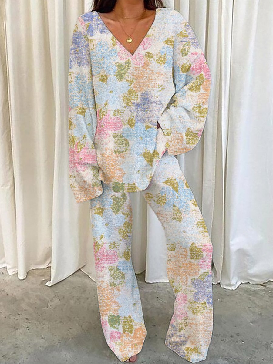 Women's Colorful Vintage Artistic Floral Print Pajama Set