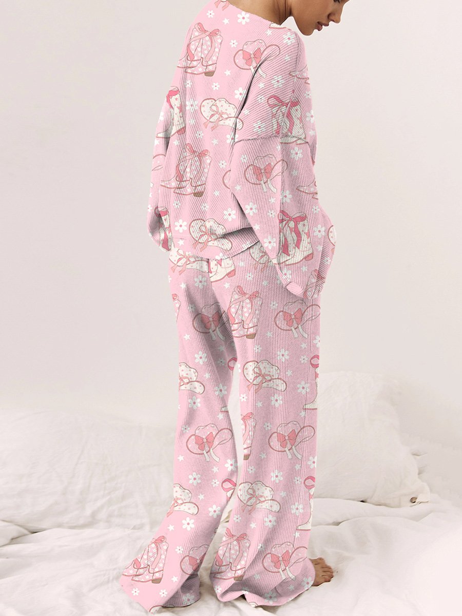 Women's pink printed long-sleeved home suit