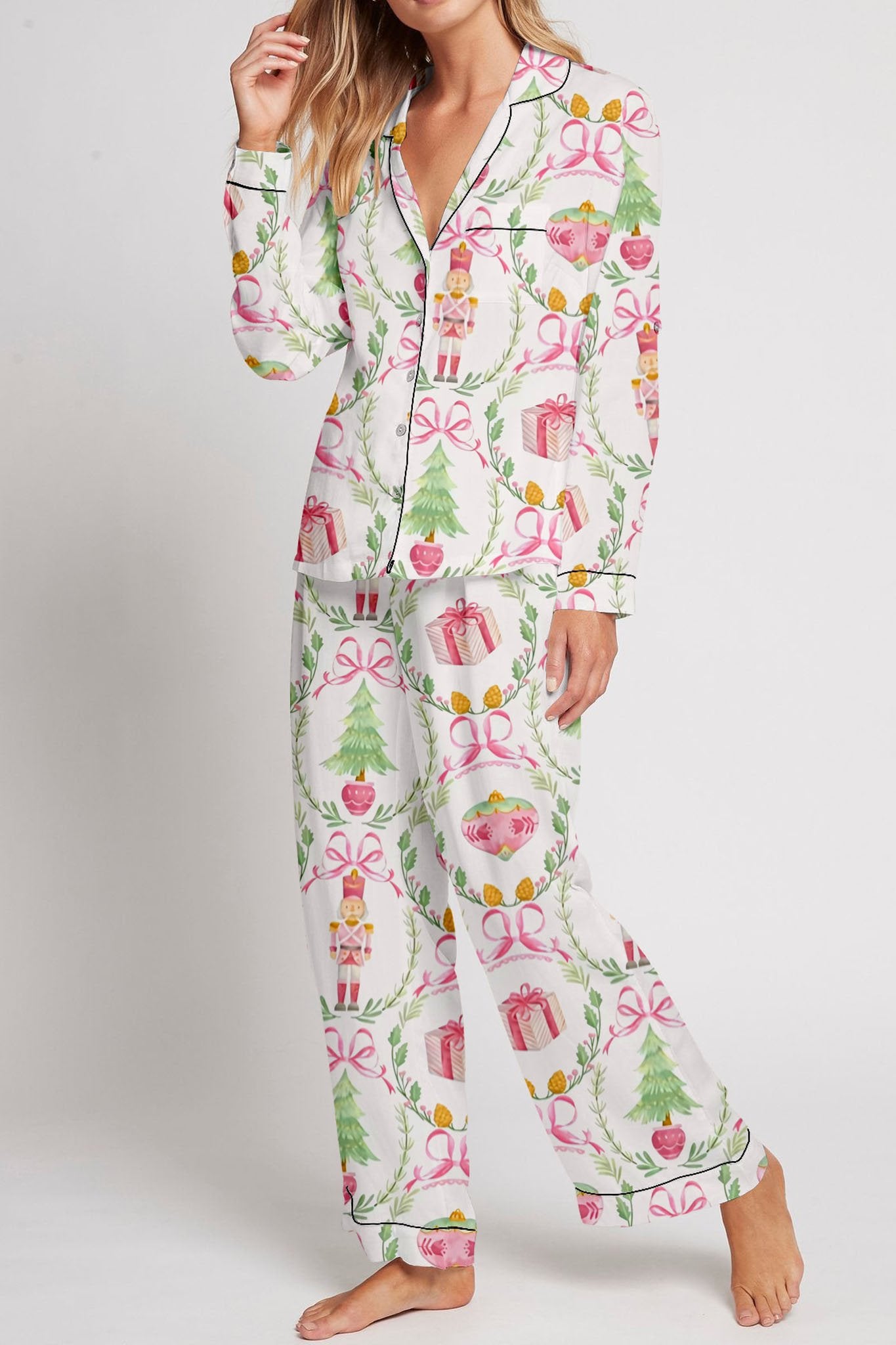 Women's Christmas Pink Ribbon Watercolor Printed Homewear Set