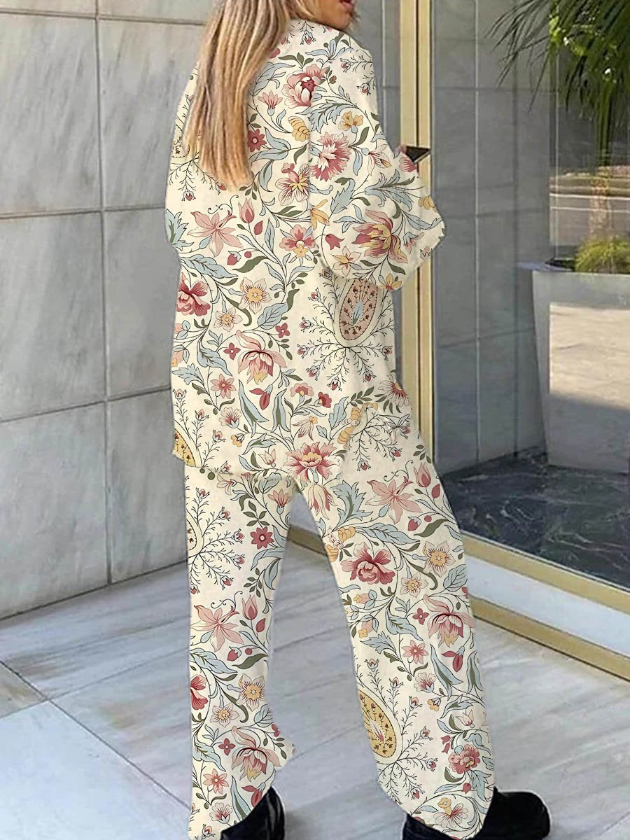 Women's Floral Bohemian Print V-Neck Suit