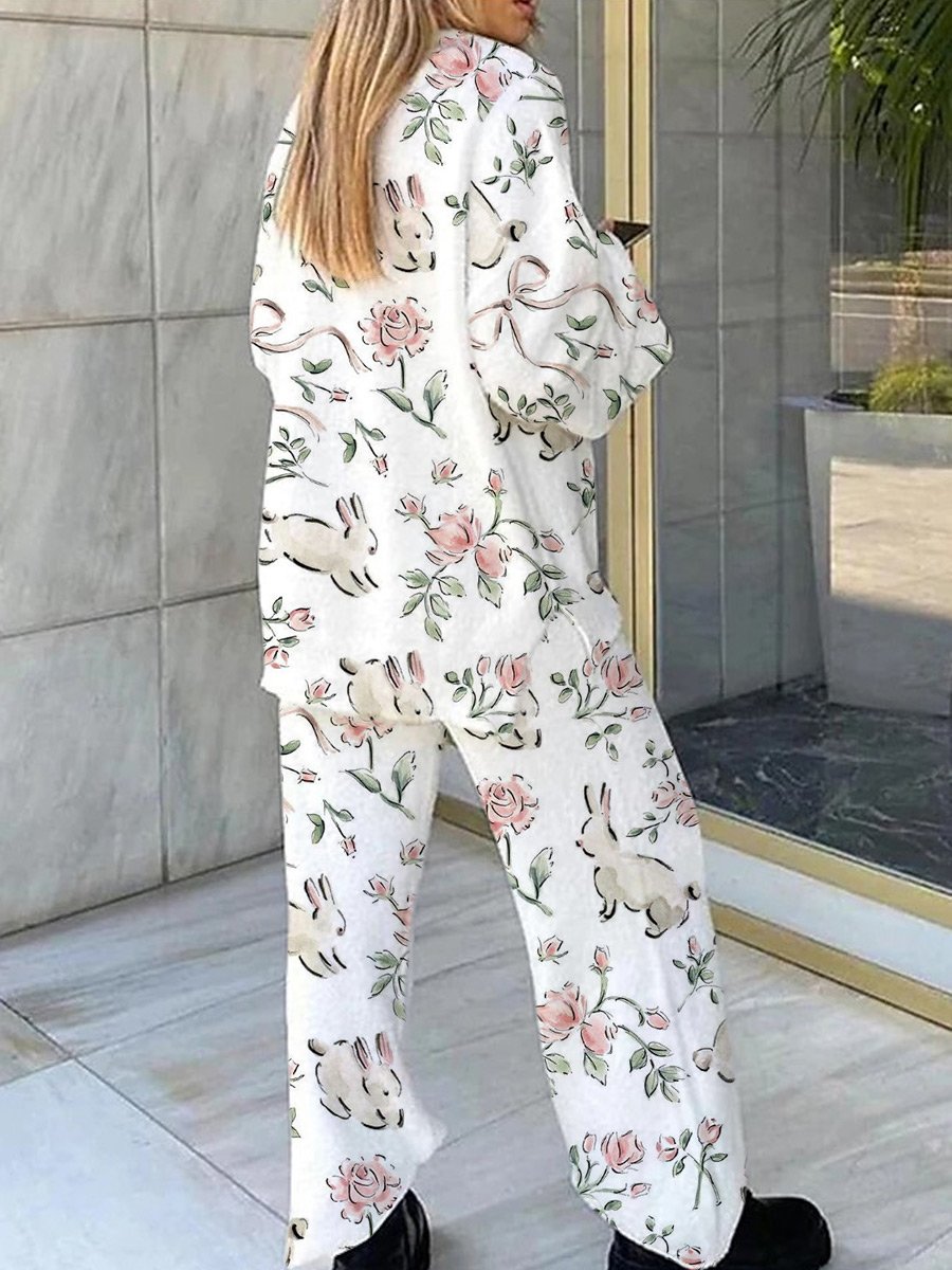 Women's Flower Rabbit Bowknot Ribbon Pattern V-Neck Long Sleeve Pants Suit