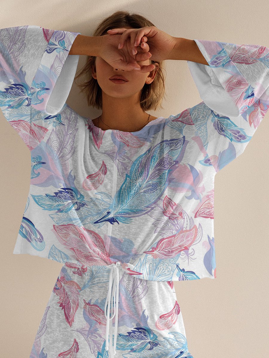 Women's Blue Feather Long Sleeve Shorts Set