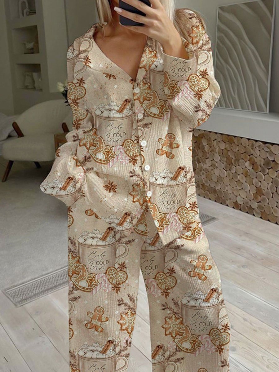 Women's Christmas Sparkling Cookies Hot Tea Pattern Long Sleeve Pants Set