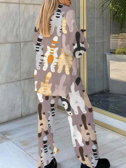 Women's Cute Cat Butt Print V-Neck Polar Fleece Suit