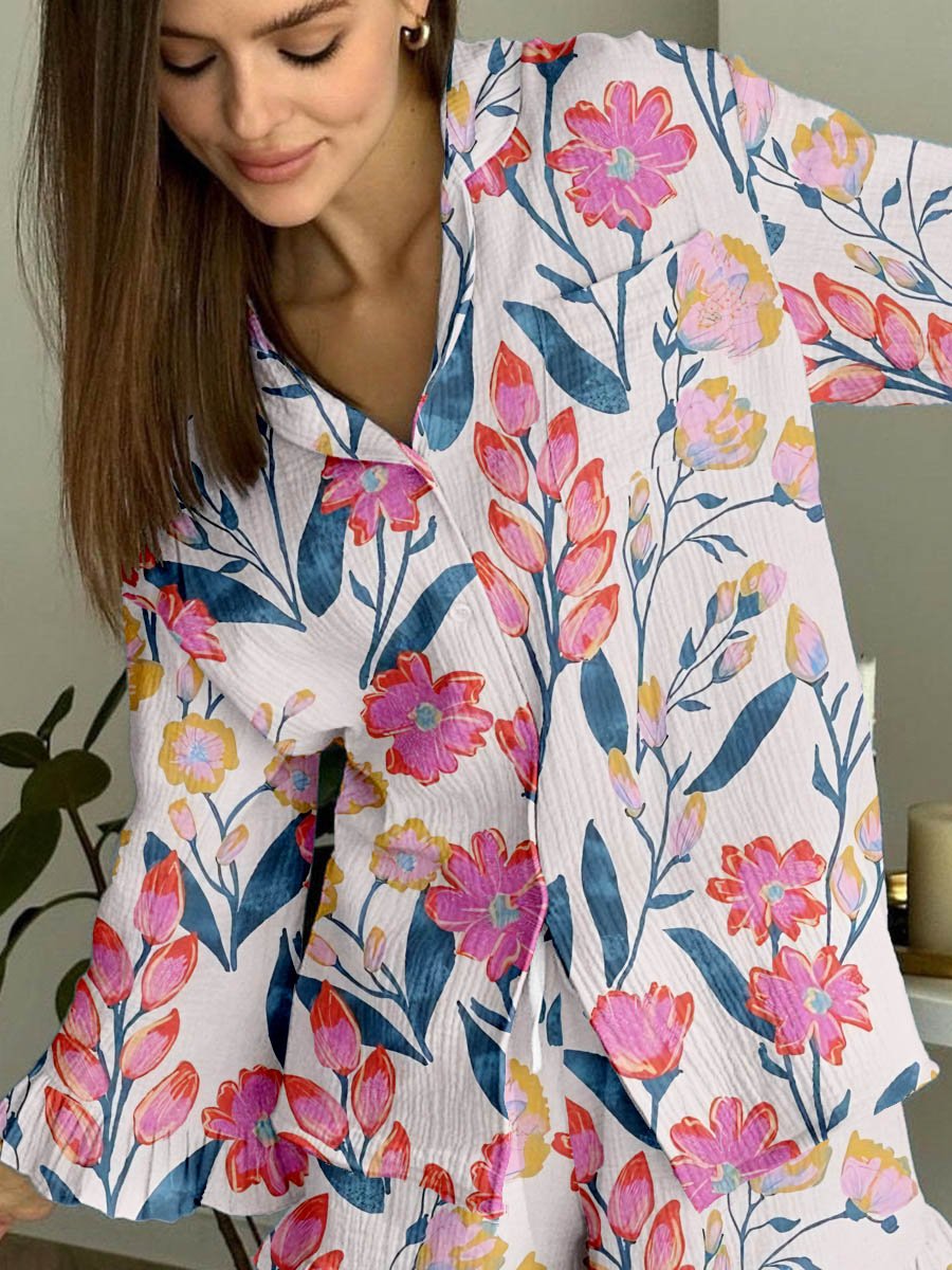Women's Pink Elegant Floral Print Cardigan Ruffle Set