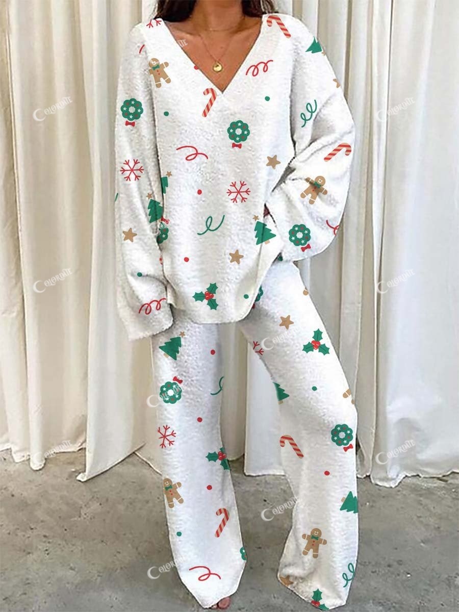Women's Christmas Small Pattern Long Sleeve V-Neck Suit