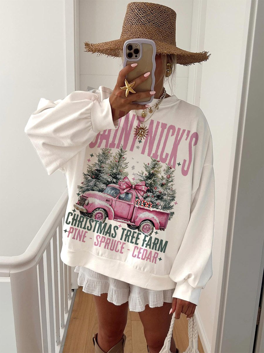 Women's Christmas Tree and Pink Car Americana Vintage Print Sweatshirt