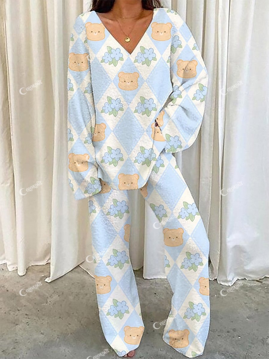 Women's Bear Floral Plaid Print V-Neck Long Sleeve Suit