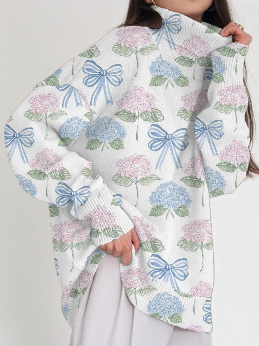 Women's Bow and Hydrangea Fresh Elegant Pullover Sweater