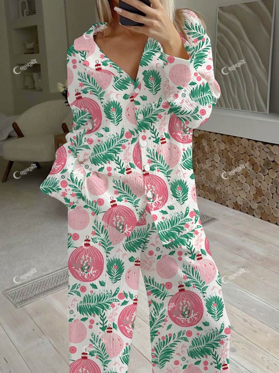 Women's Christmas Plant Lights Print Loose Homewear Set