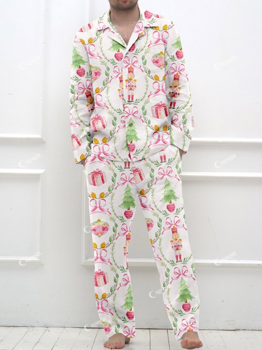 Men's Pink Ribbon Nutcracker Print Long Sleeve Long Pants Pajama Set