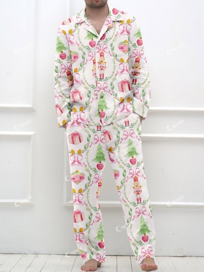 Men's Pink Ribbon Nutcracker Print Long Sleeve Long Pants Pajama Set