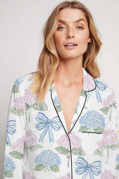 Women's Blue Bow Pink Hydrangea Light Cotton Pajama Set
