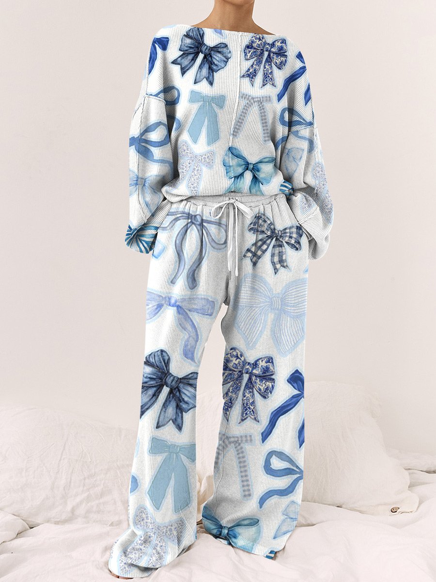 Blue Bow Print Home Long-sleeved Two-piece Set