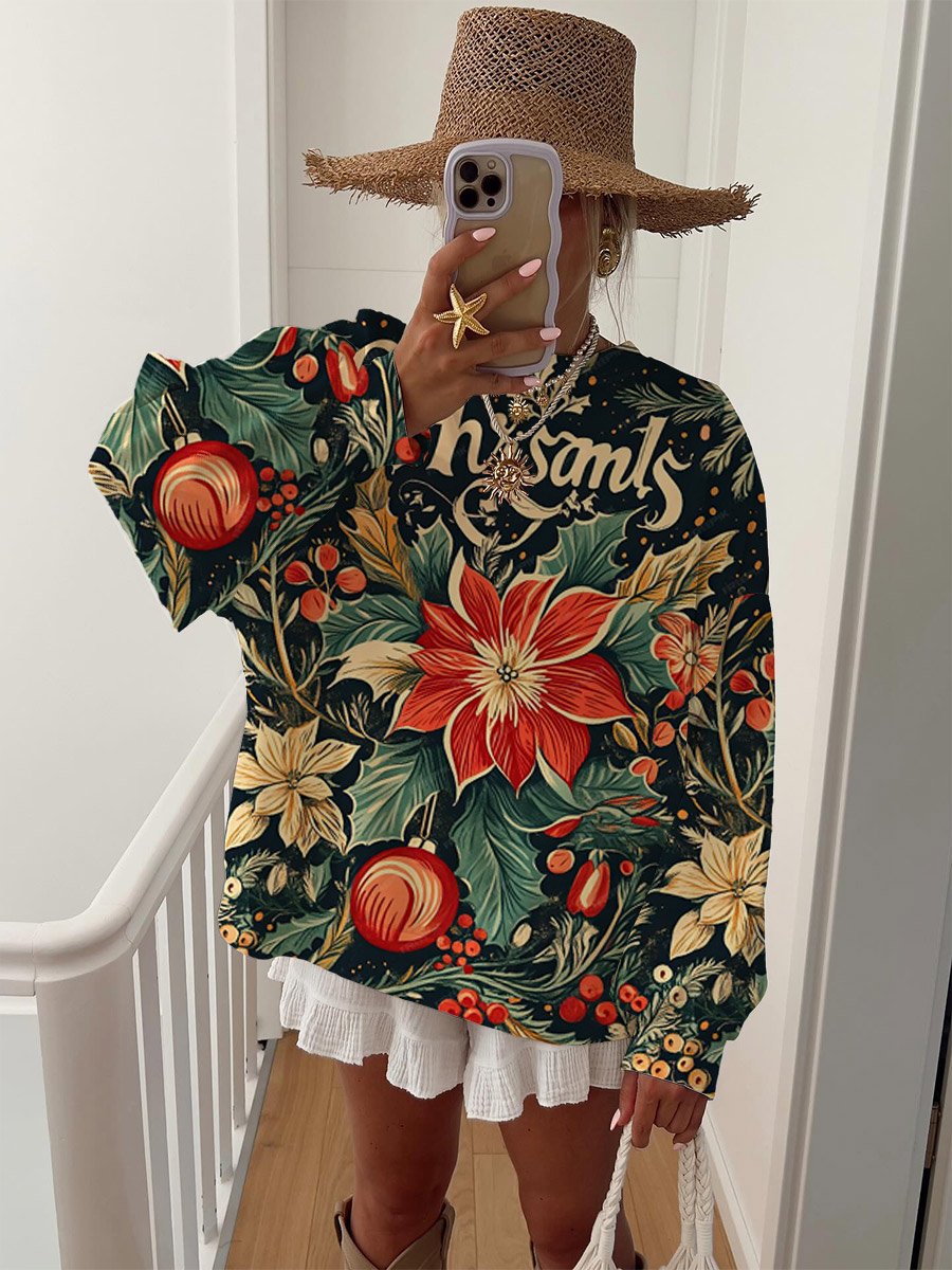 Women's Christmas Retro Art Floral Print Home Long Sleeve Sweater