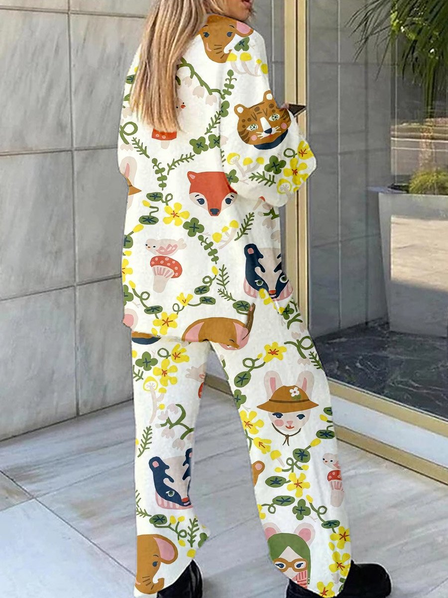 Women's Forest Animal Floral Print Polar Fleece Set