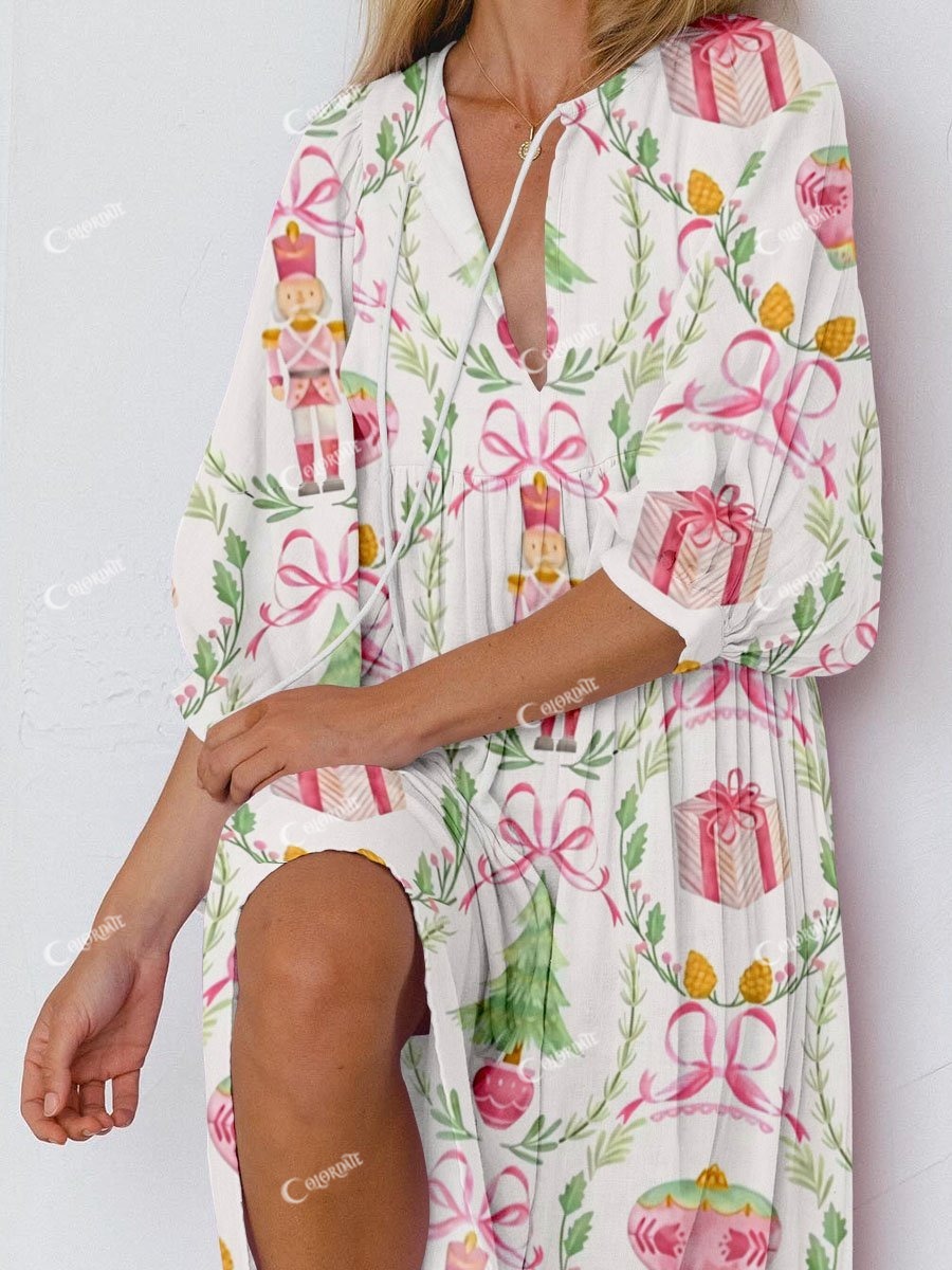 Women's Pink Ribbon Christmas Print Long Sleeve Dress