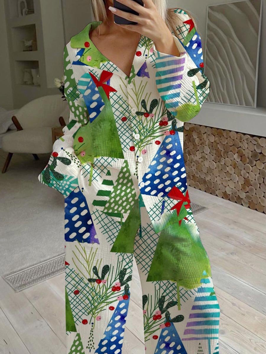 Women's Geometric Christmas Tree Print Cotton Cardigan Loungewear Set