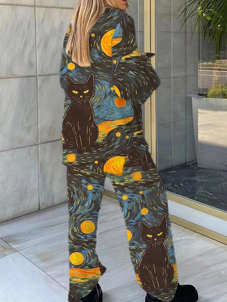 Women's Van Gogh Starry Elegant Black Cat Polar Fleece Pajama Set
