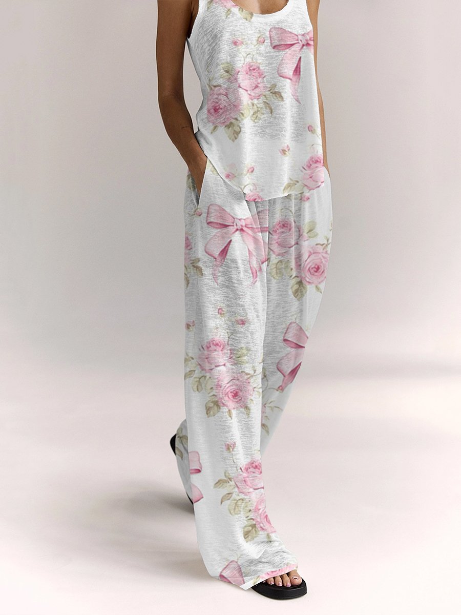 Ladies Pink Bow Flower Lounge Suit