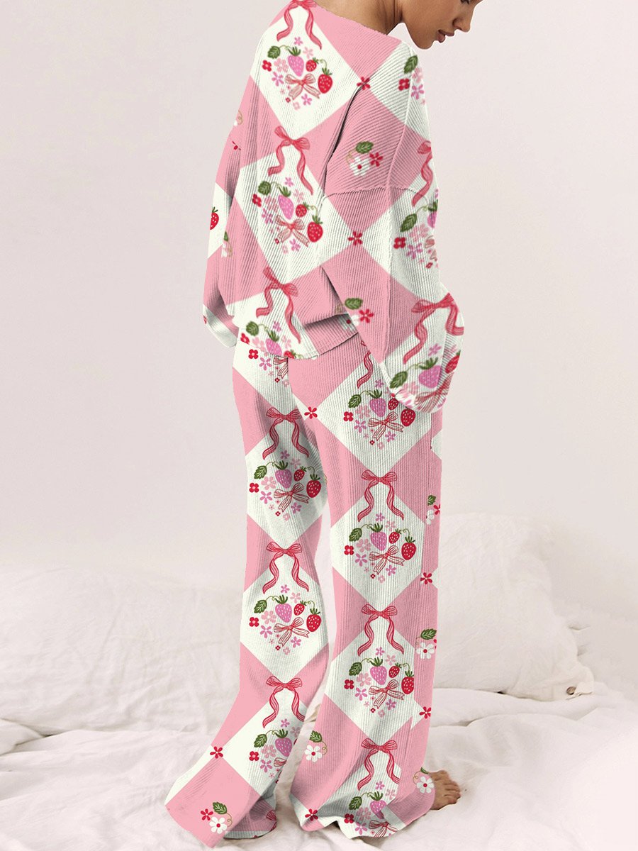 Women's Check Pink Ribbon Pattern Round Neck Long Sleeve Pants Suit