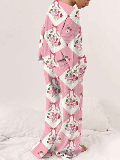 Women's Check Pink Ribbon Pattern Round Neck Long Sleeve Pants Suit