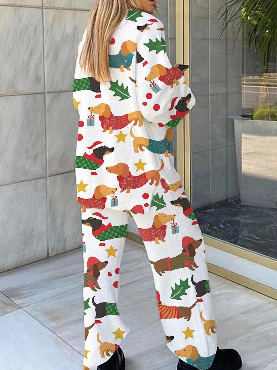 Women's Christmas Dachshund Print V-Neck Long Sleeve Suit