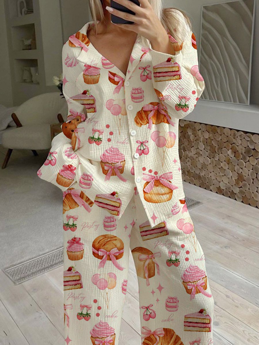 Women's Fun Dessert Art Painting Printed Home Long Sleeve Suit