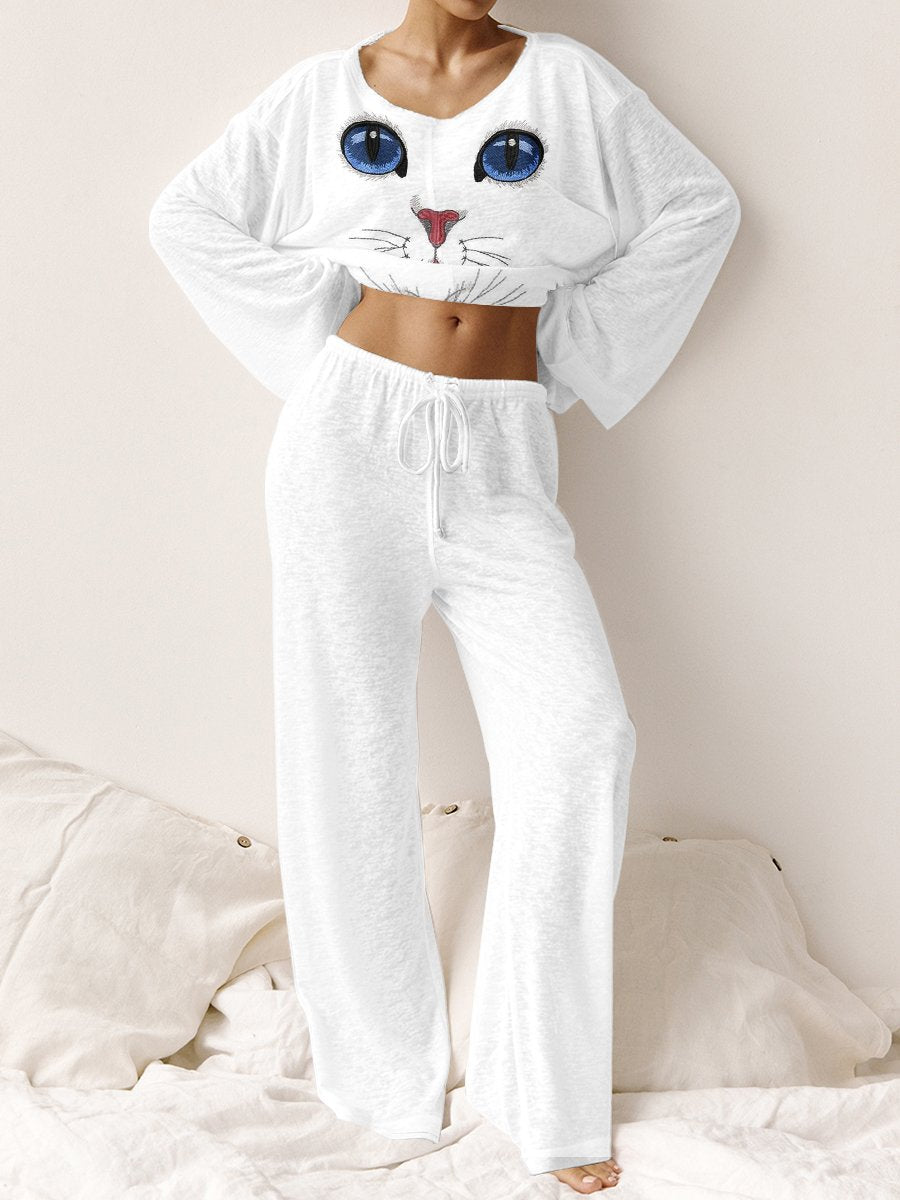 Women's Hand-painted Cat Face Pattern Knitted Round Neck Long Sleeve Suit