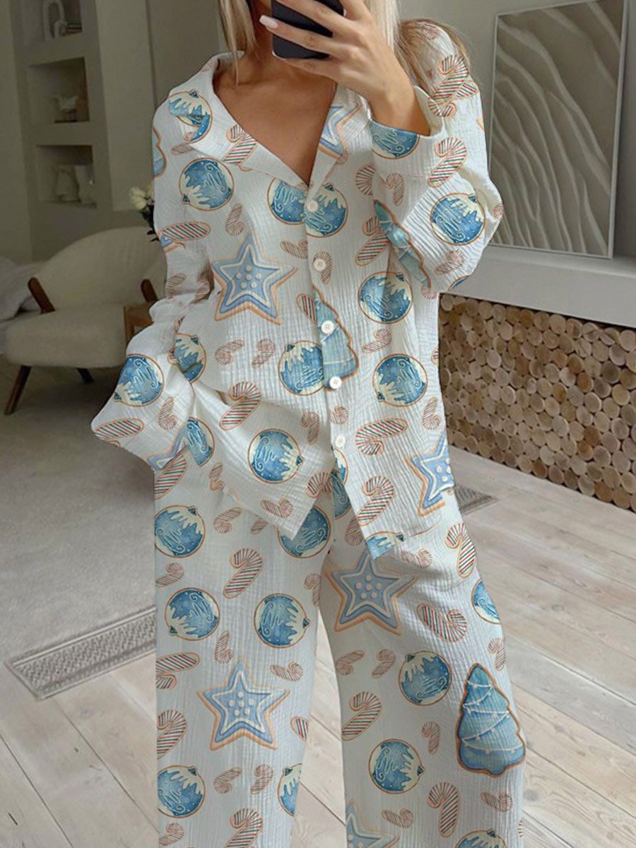 Women's Christmas Star Gingerbread Pattern Long Sleeve Pants Set