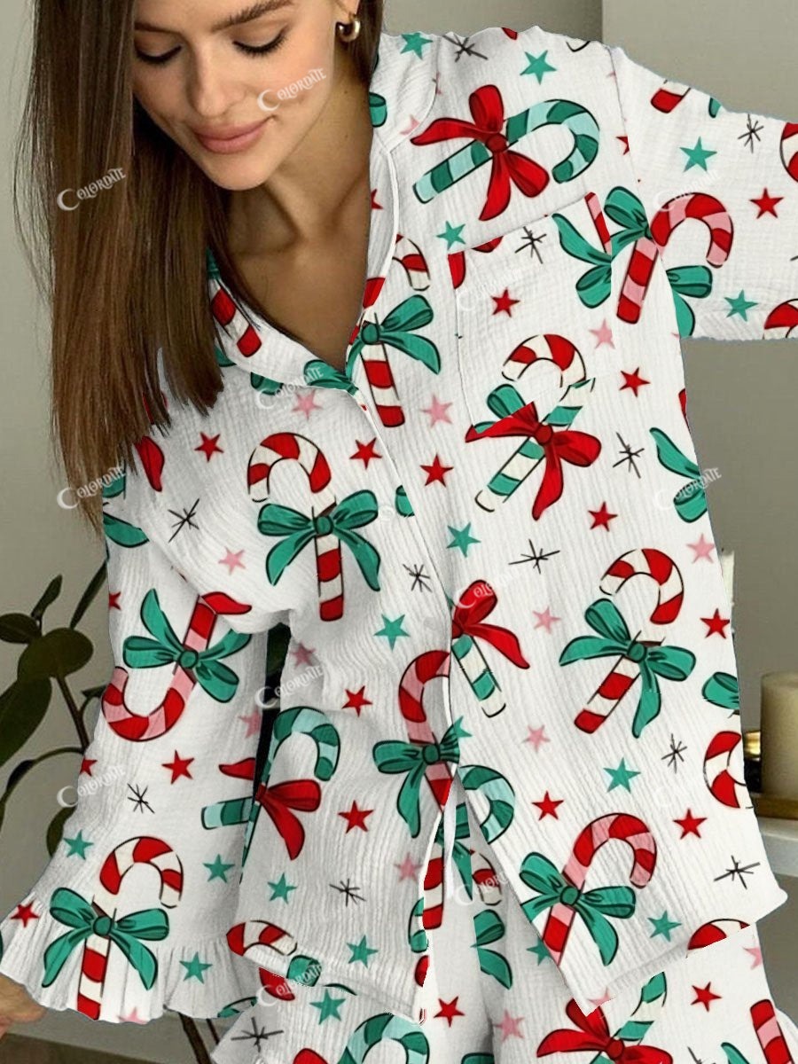 Women's Simple Candy Cane Bow Print Linen Cotton Suit