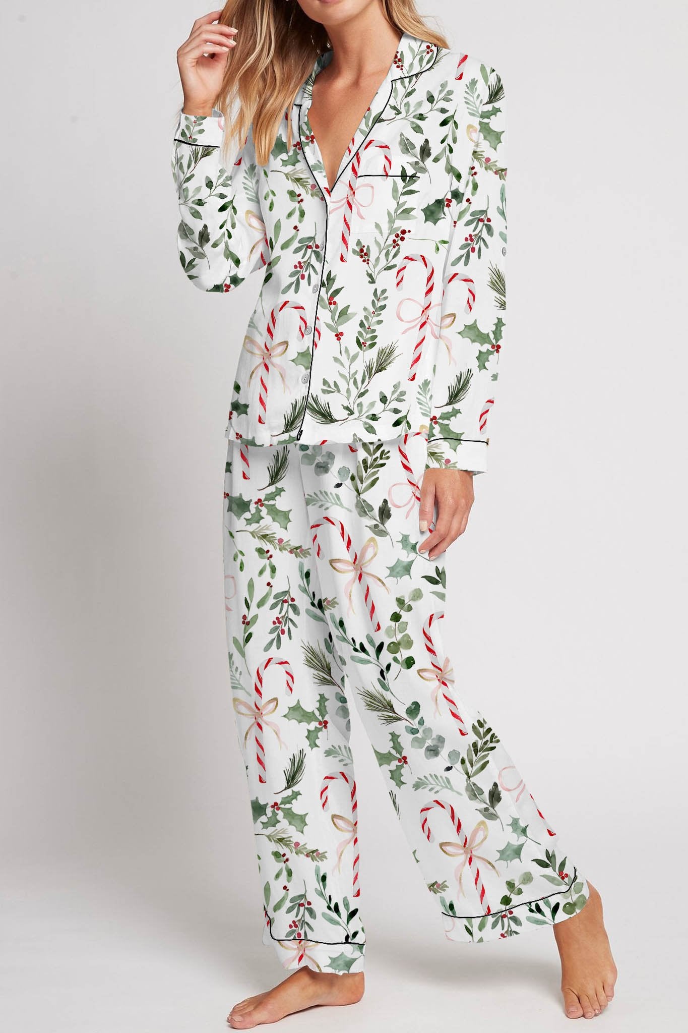 Women's Christmas Candy Cane Plant Floral Print Long Sleeve V-Neck Homewear Set