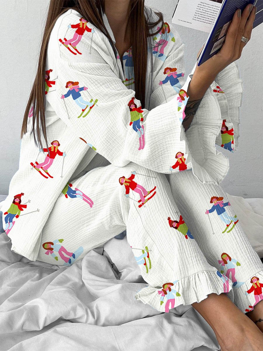 Women's Colorful Holiday Ski Print Pajama Set