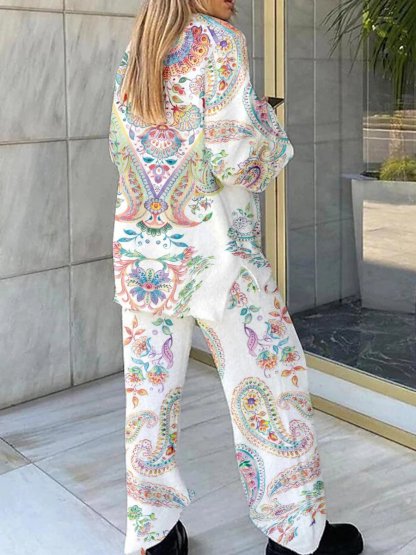 Women's Bohemian Art Painting Printed Home Long Sleeve Suit