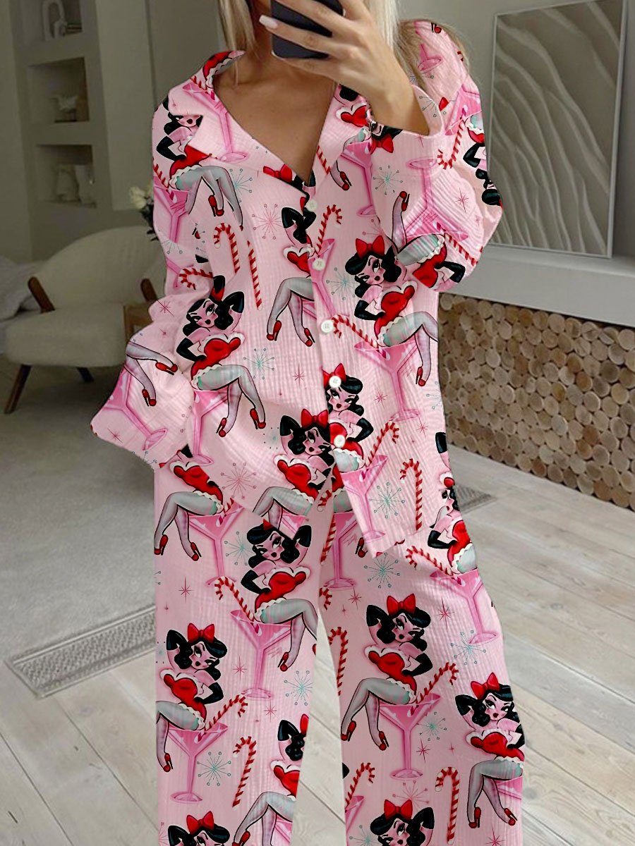 Women's Pink Retro Miss Santa Print Cardigan Homewear Set