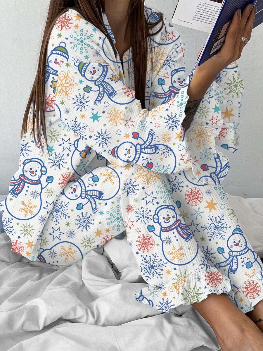 Women's Cute Christmas Snowman Snowflake Print Ruffled Lounge Clothes Set