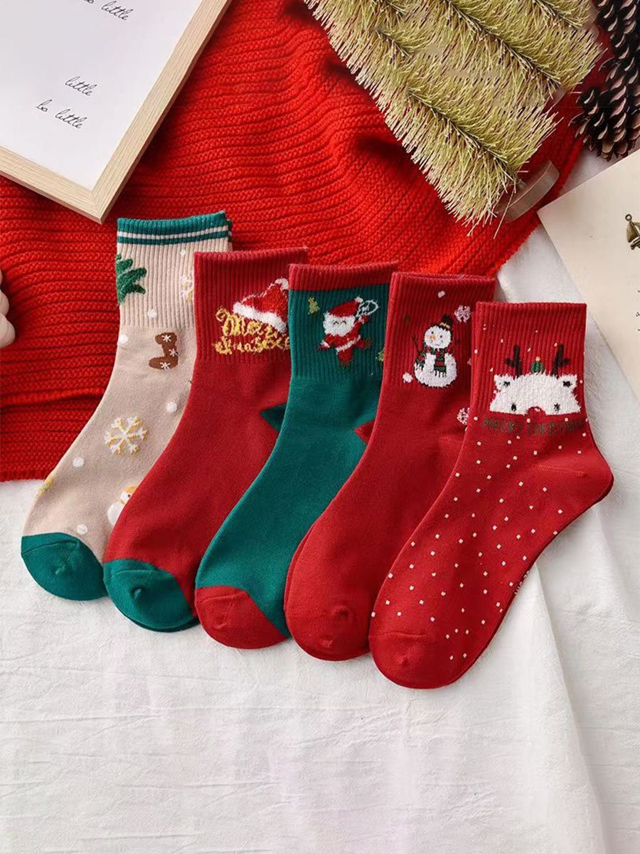 Women's Christmas Mid-Tube Santa Elk Five Pairs Socks
