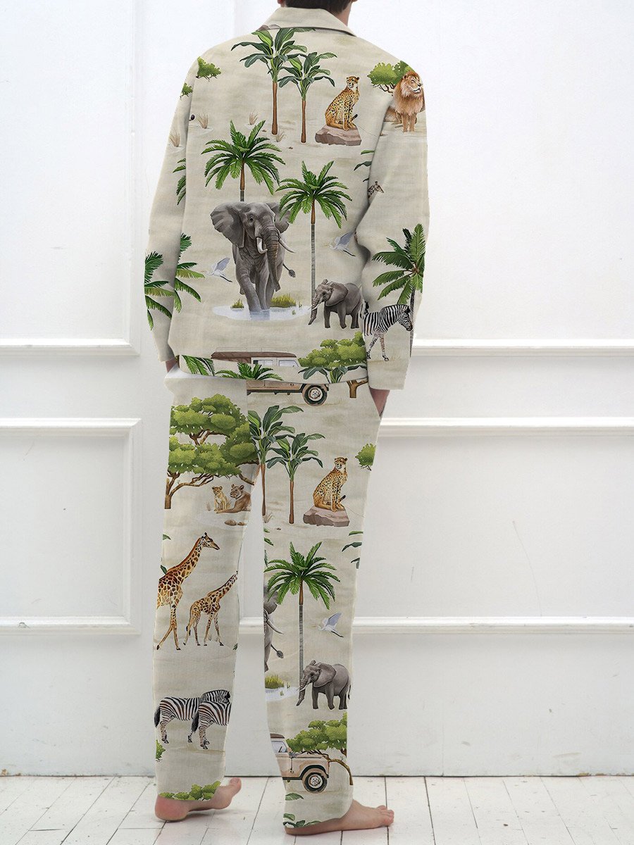 Men's Resort Tropical Pattern Long Sleeve Pant Suit