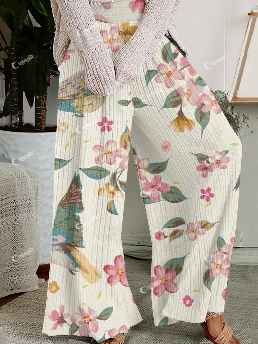 Women's Flower And Bird Print Wide Leg Pants